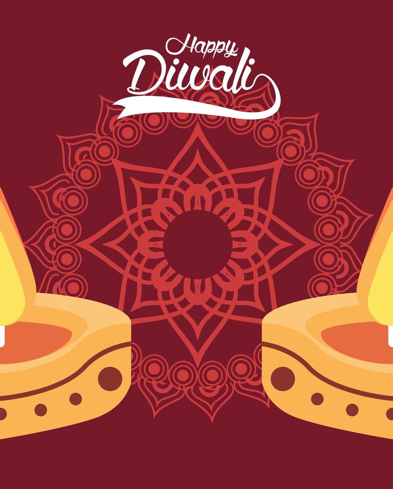 happy diwali celebration with two candles and mandala vector