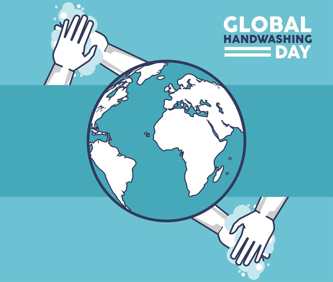 global handwashing day lettering with hands washing and earth planet vector