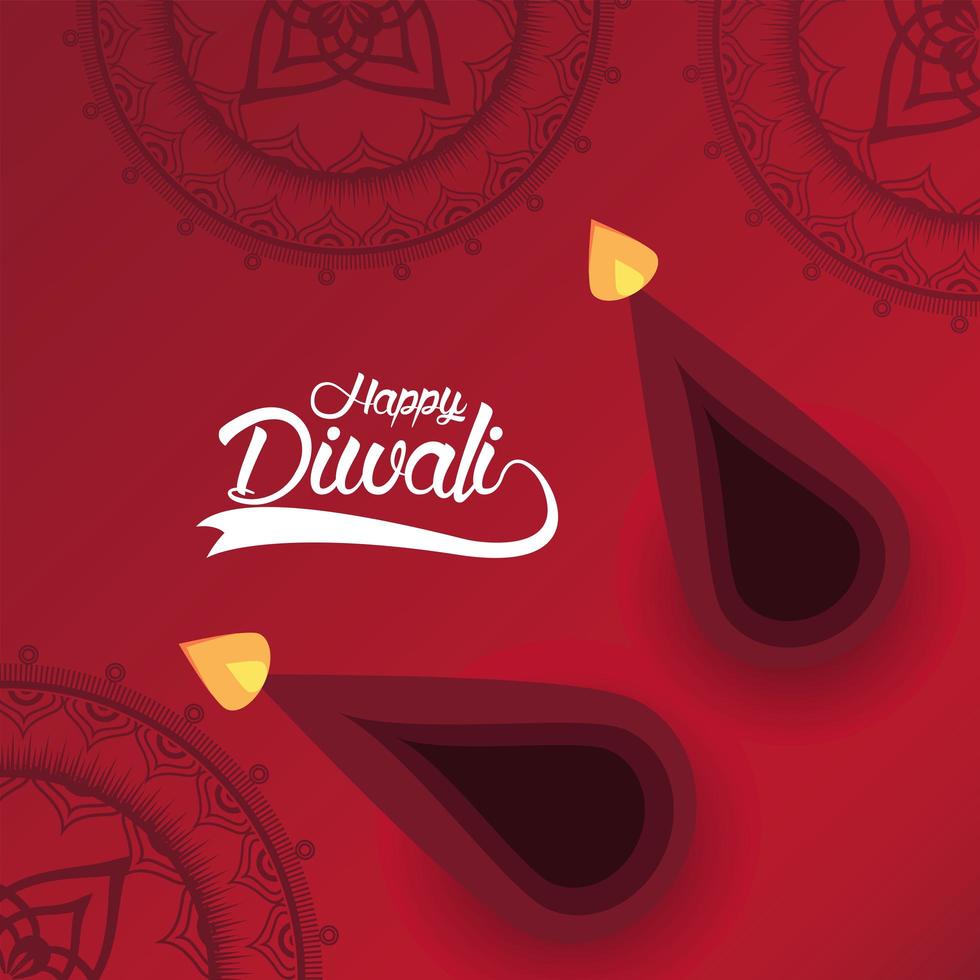 happy diwali celebration with two candles and mandalas vector