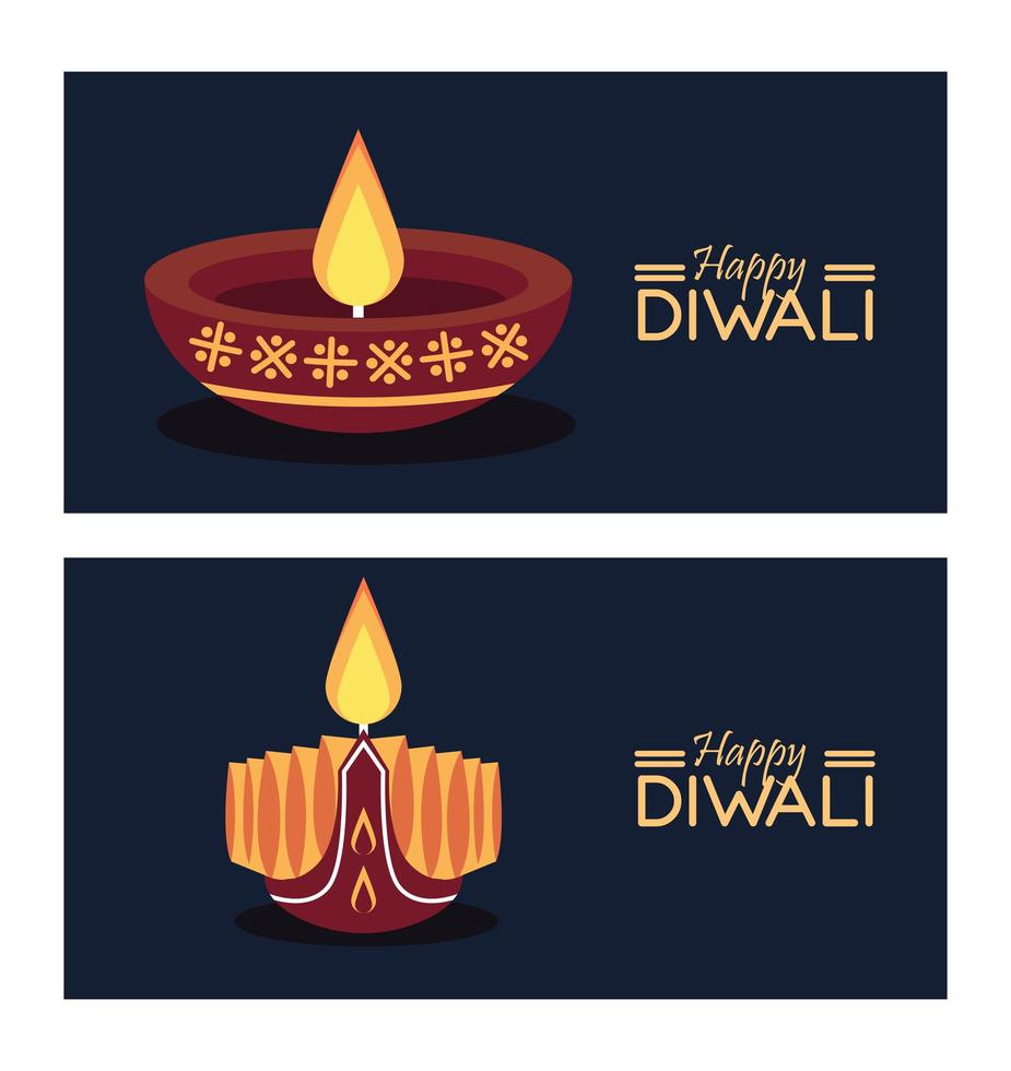 happy diwali celebration with two candles and lettering vector