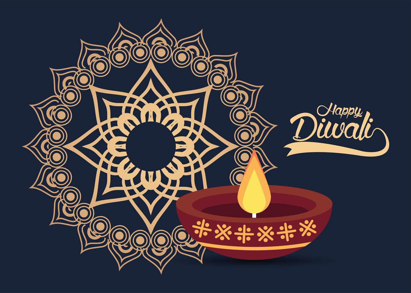 happy diwali celebration with candle and golden mandala vector