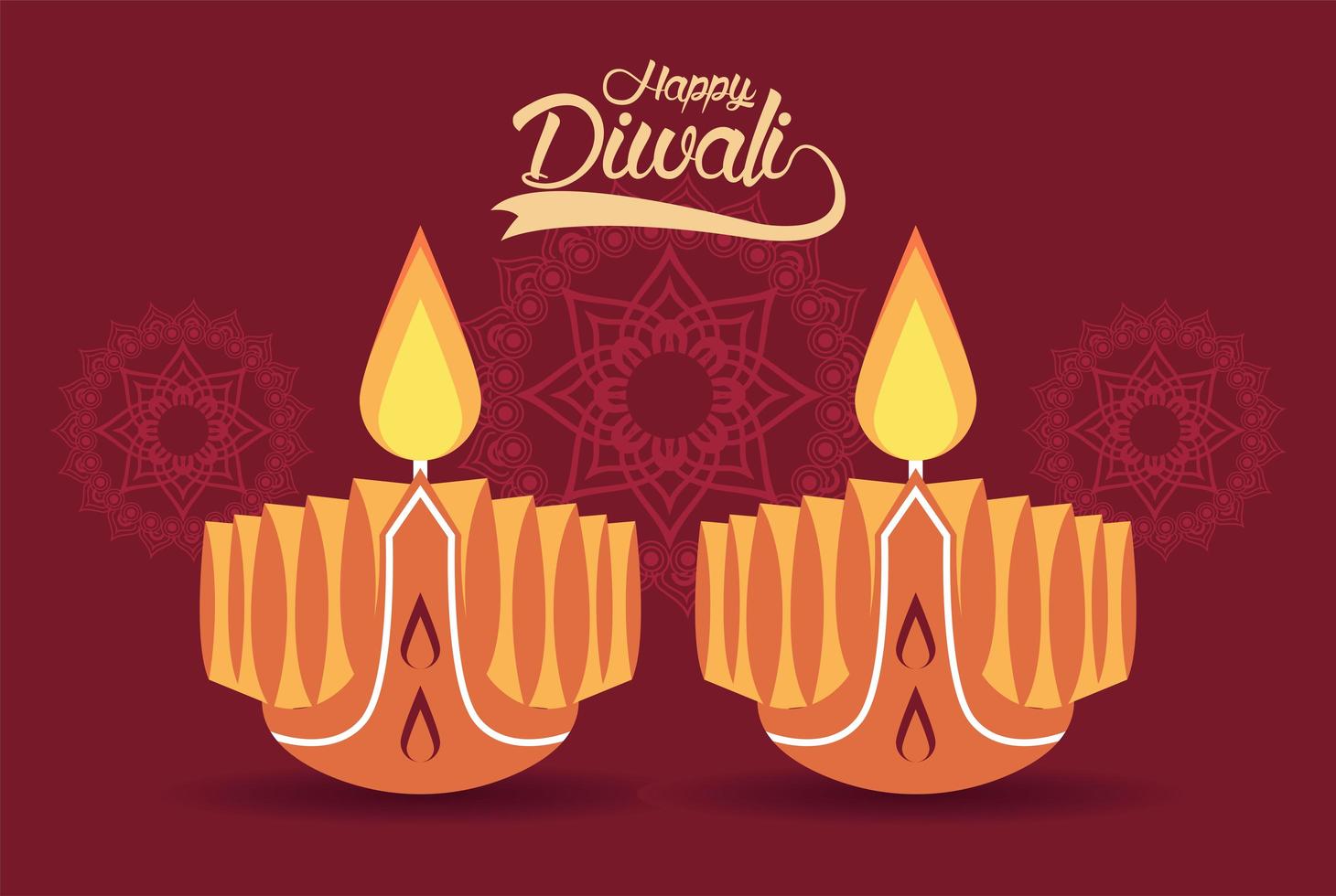 happy diwali celebration with two candles and mandalas vector