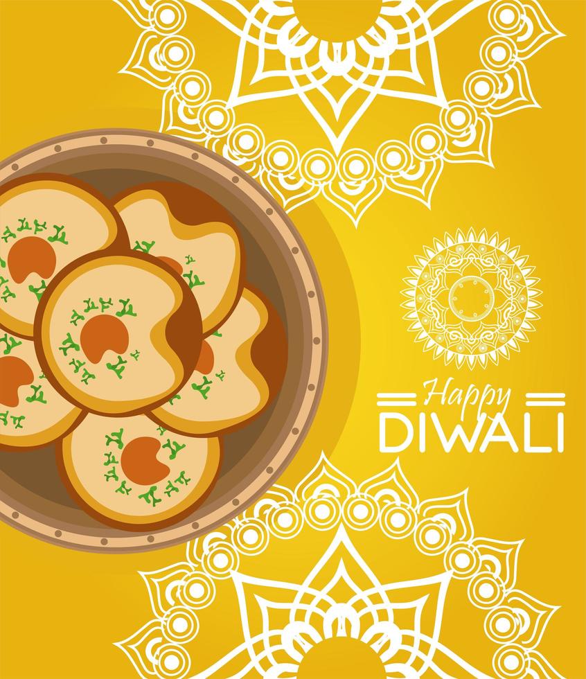 feliz celebración de diwali con comida y mandalas en fondo amarillo vector