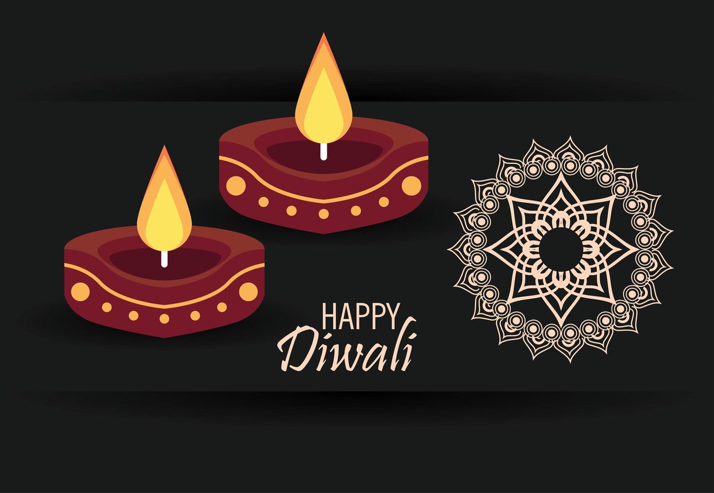 happy diwali celebration with two candles and mandala vector