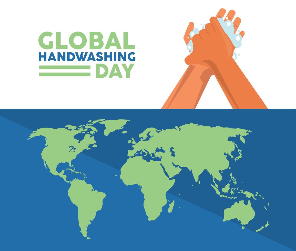 global handwashing day lettering with hands washing and earth maps vector