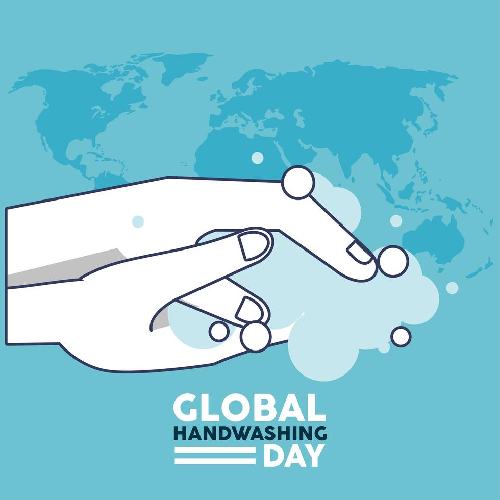 global handwashing day lettering with hands washing and earth maps vector