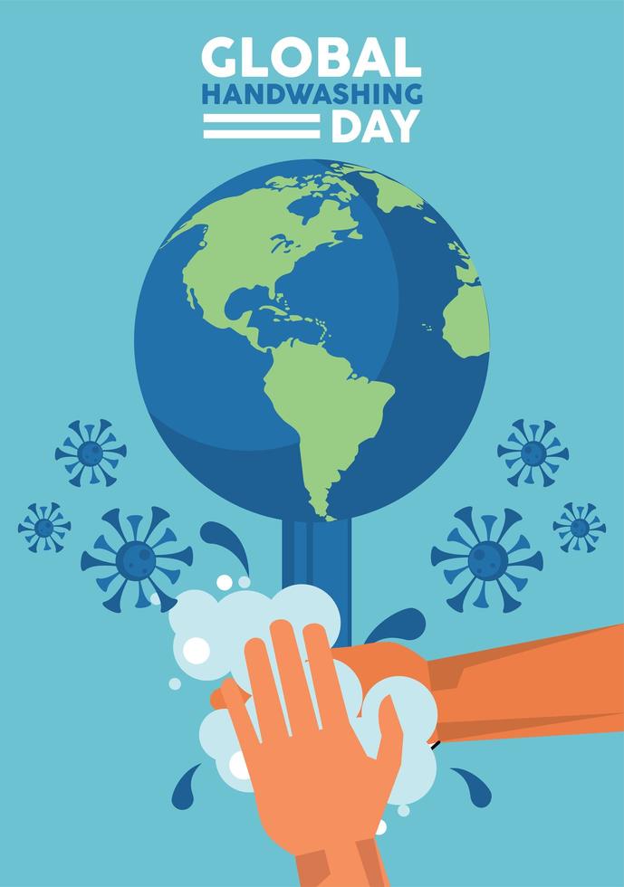 global handwashing day lettering with hands washing and covid19 particles vector