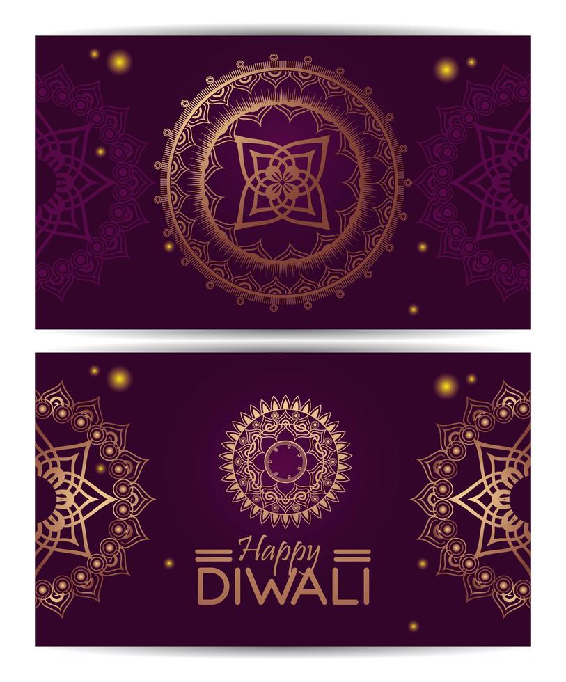 happy diwali celebration with golden mandalas and lettering vector