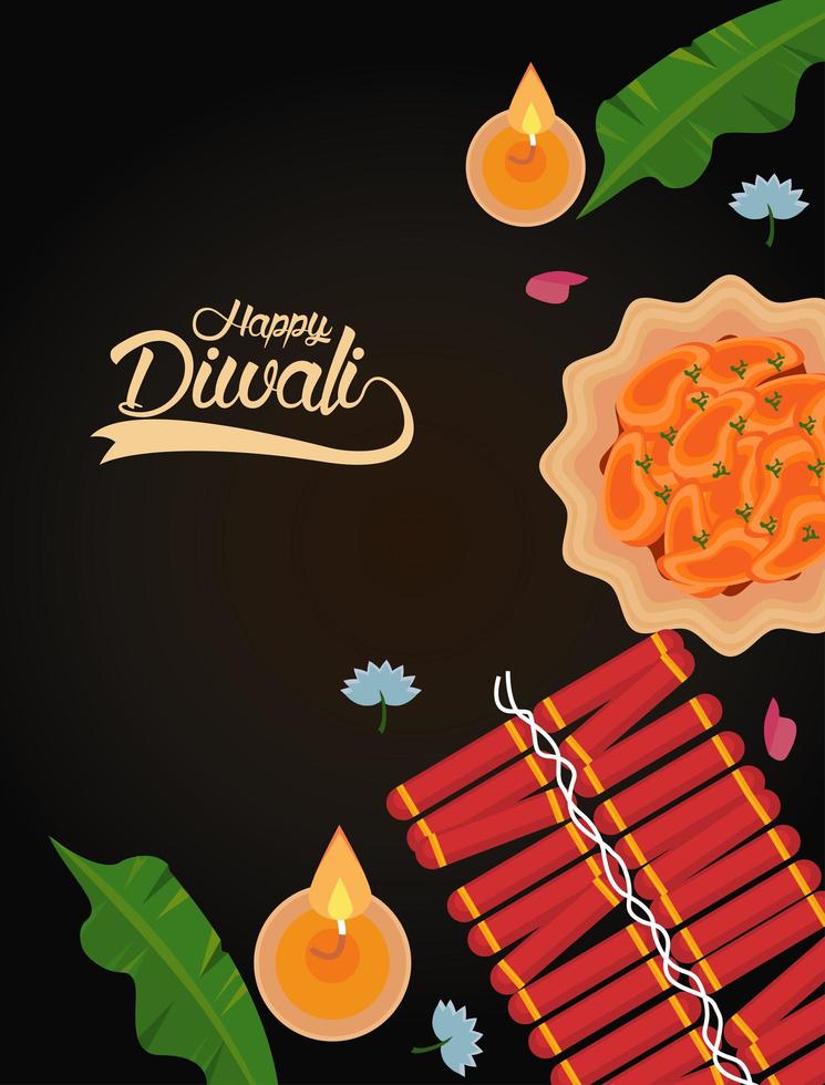 happy diwali celebration with two candles and fireworks vector