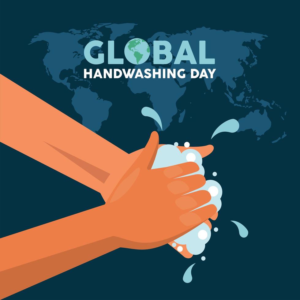 global handwashing day lettering with hands washing and earth maps vector