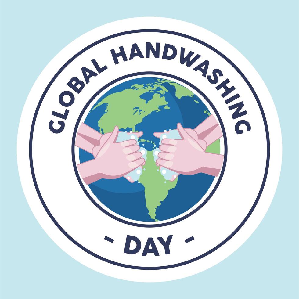 global handwashing day lettering with hands washing and earth planet vector