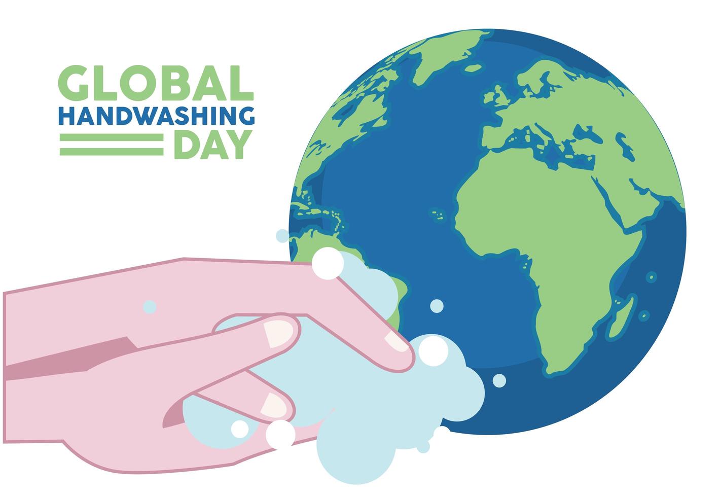 global handwashing day lettering with hands washing and earth planet vector