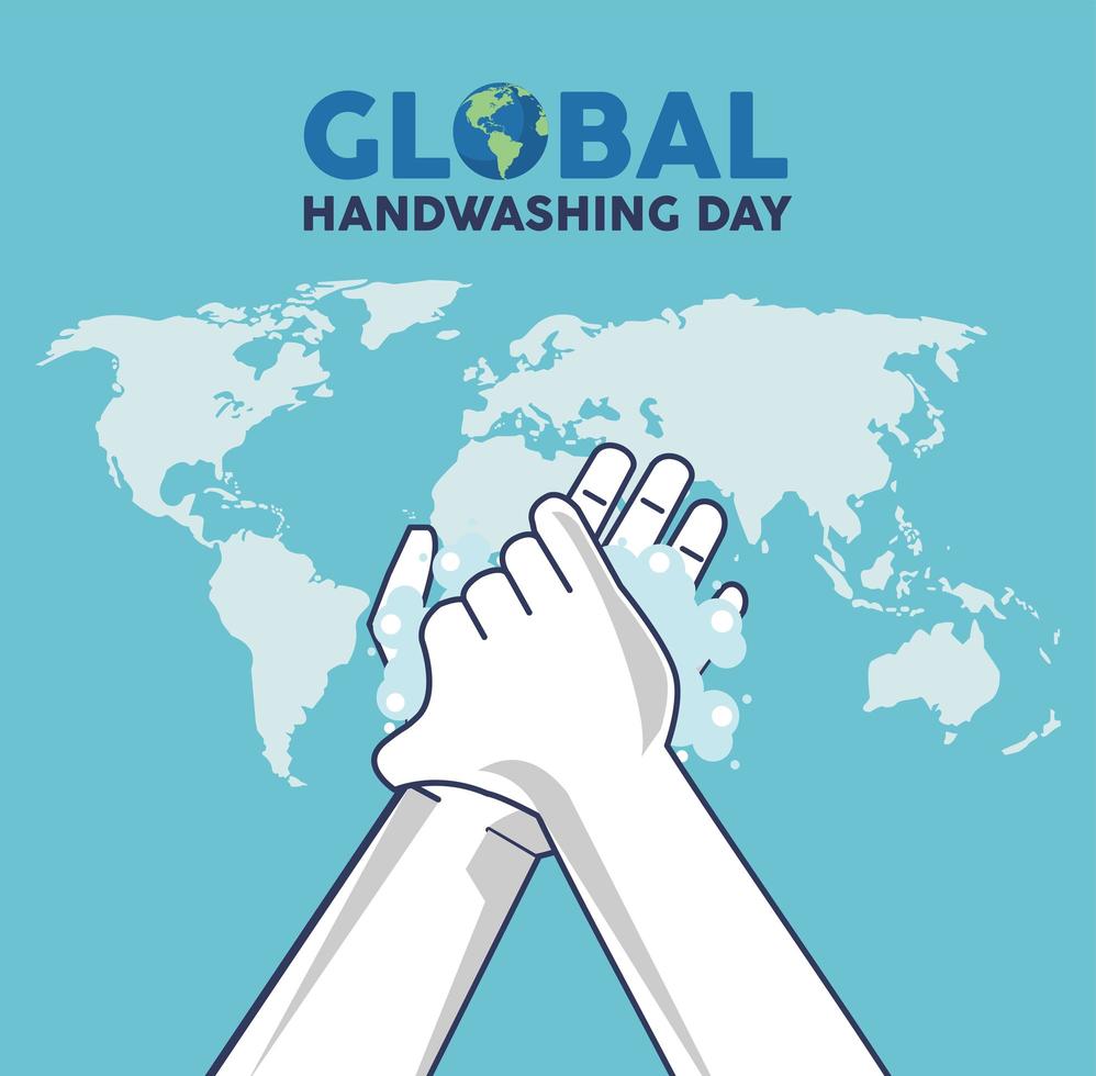 global handwashing day lettering with hands washing and earth maps vector