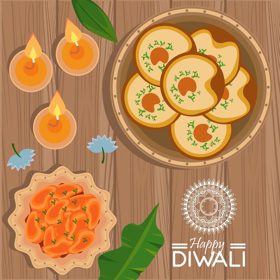feliz celebración de diwali con tres velas y comida vector