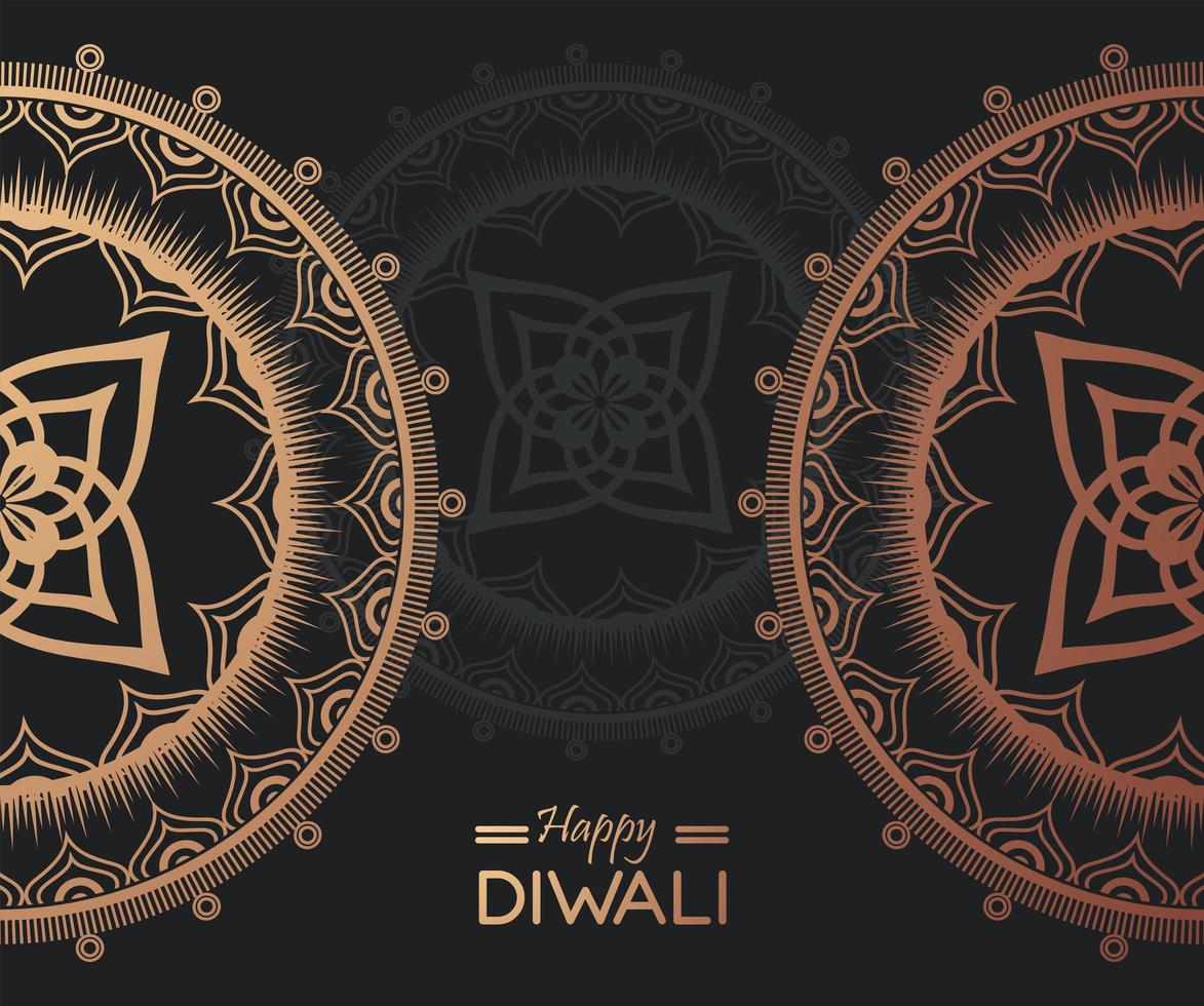 feliz celebración de diwali con mandalas dorados en fondo verde vector