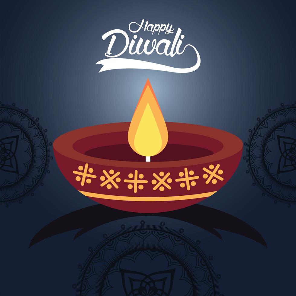 feliz celebración de diwali con velas y mandalas en fondo azul vector