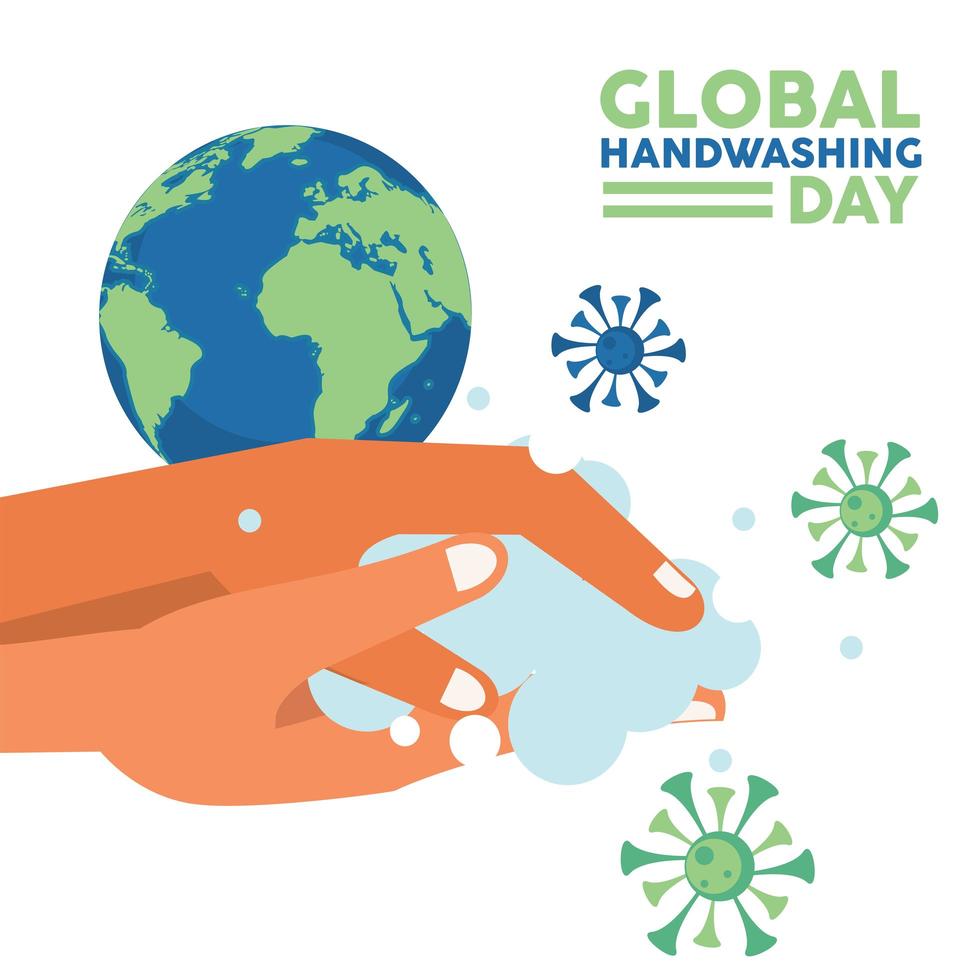 global handwashing day lettering with hands washing and covid19 particles vector