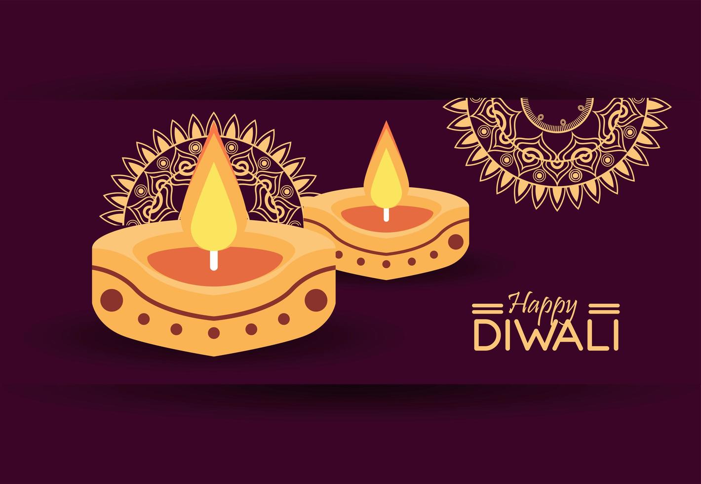happy diwali celebration with two candles and mandalas vector