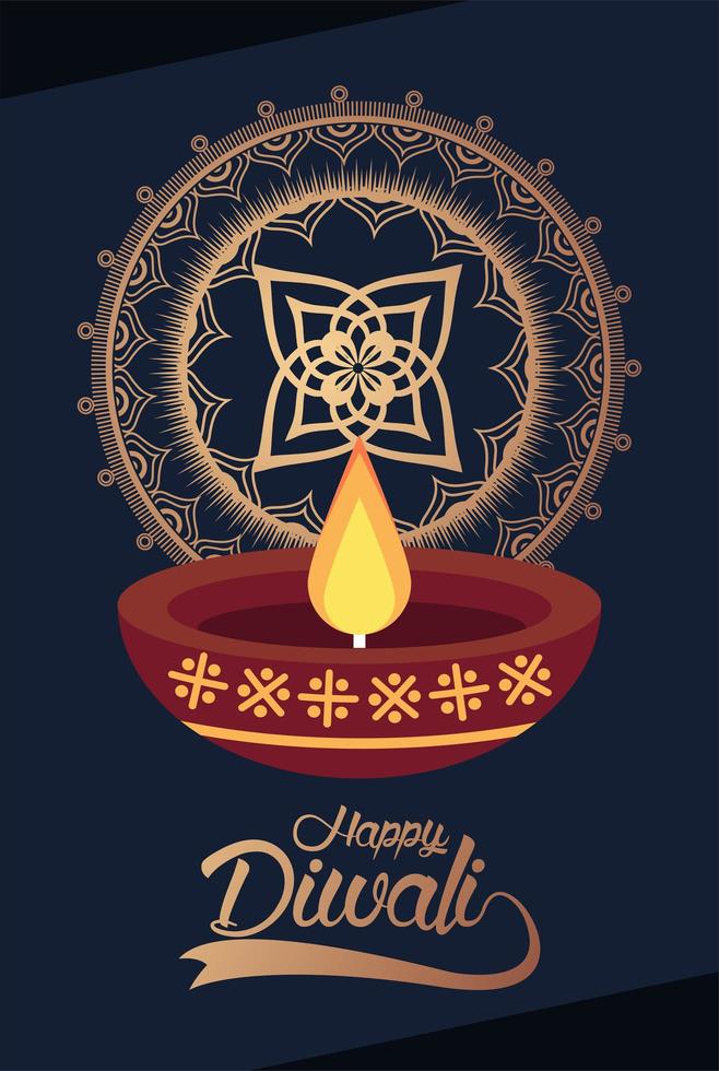 feliz celebración de diwali con vela y mandala vector