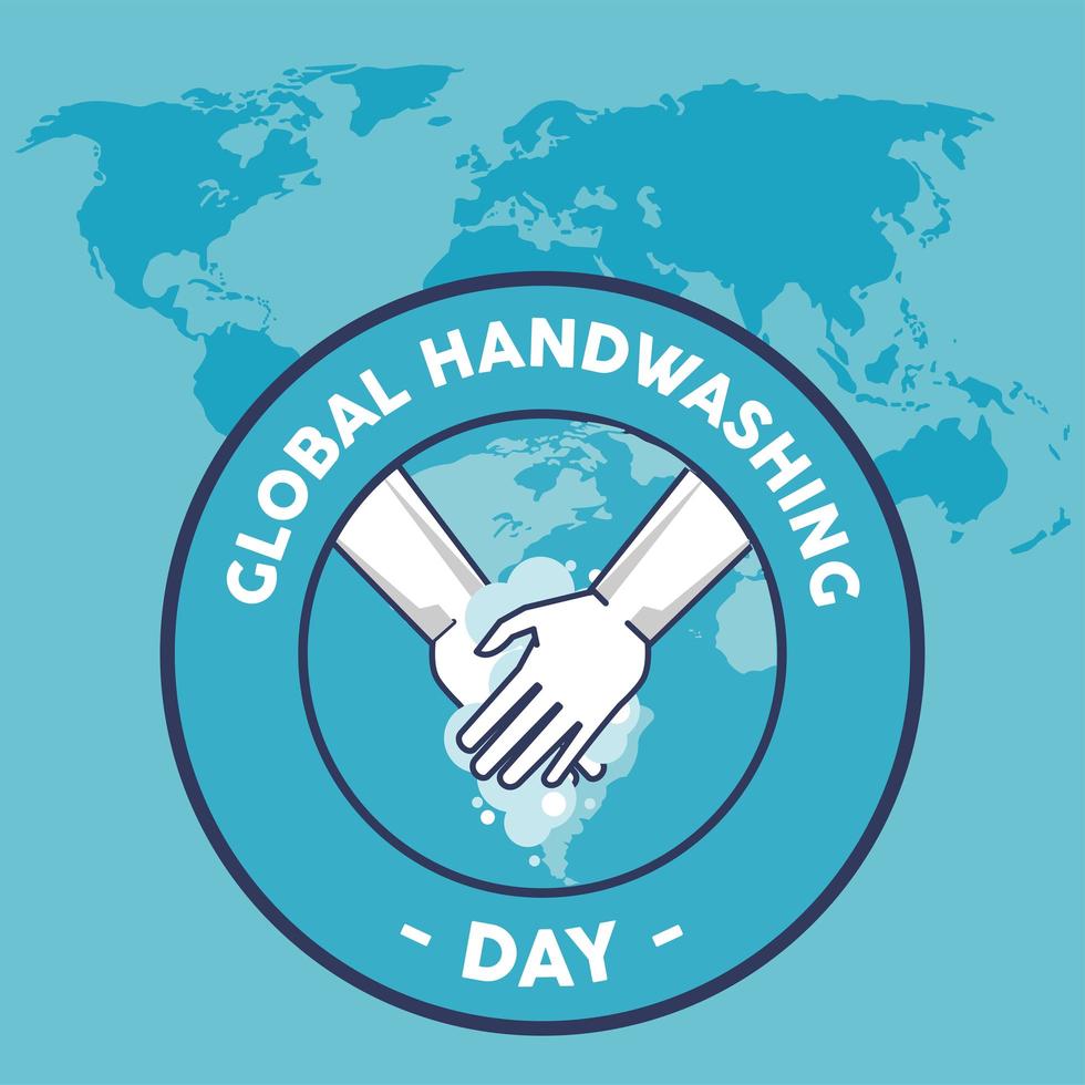 global handwashing day lettering with hands washing seal and earth maps vector