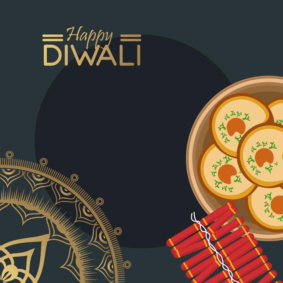 happy diwali celebration with food and golden mandala vector