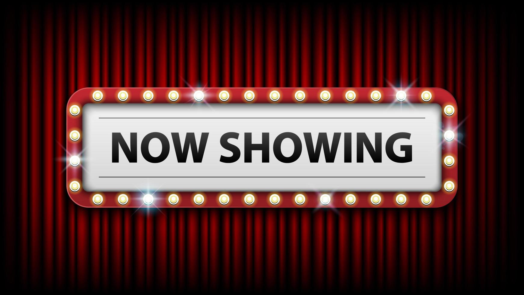 Now showing with electric bulbs frame on red curtain background vector