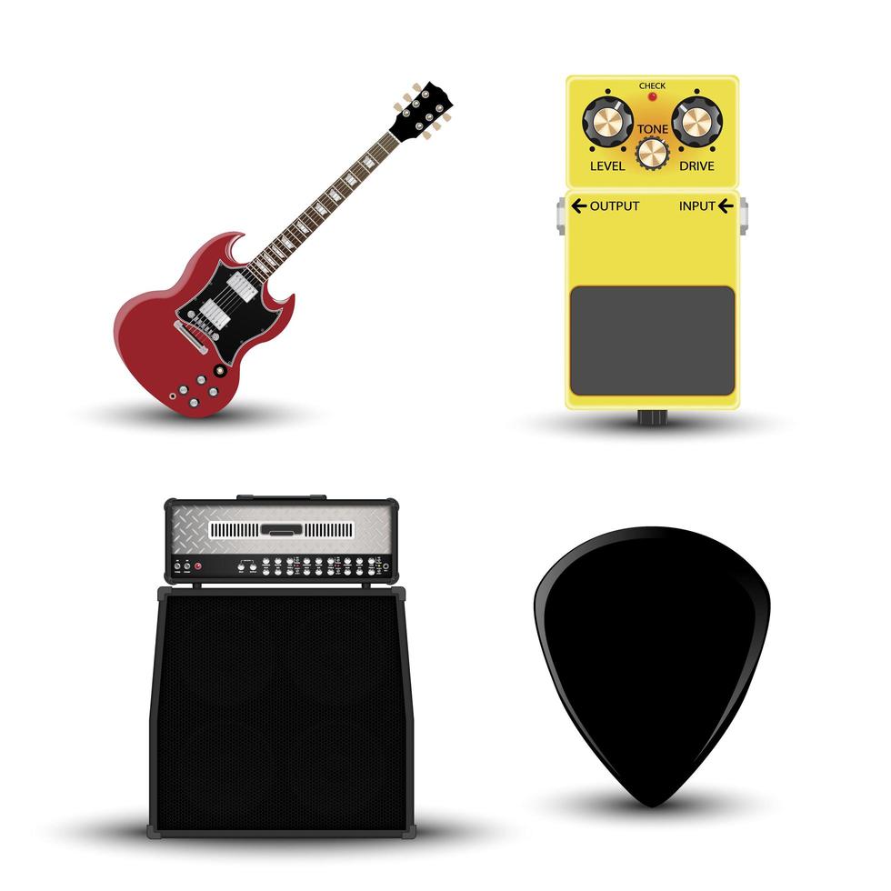 Music instruments icon, guitar, amplifier, pick and effect pedal set vector