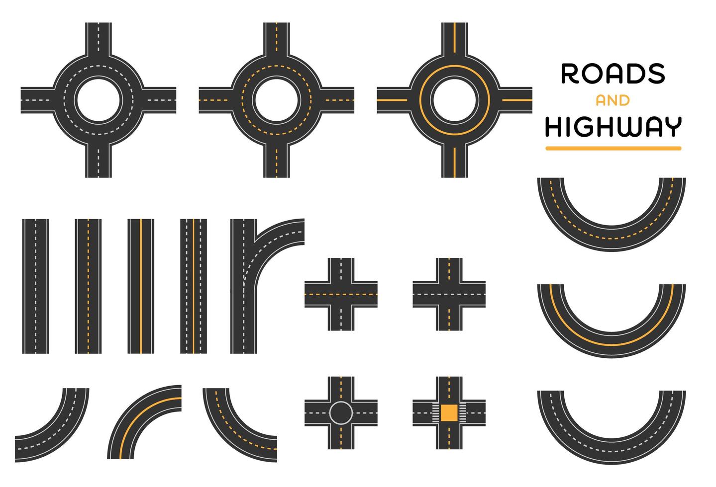 Carreteras y carreteras diferentes intersección conjunto de piezas. vector