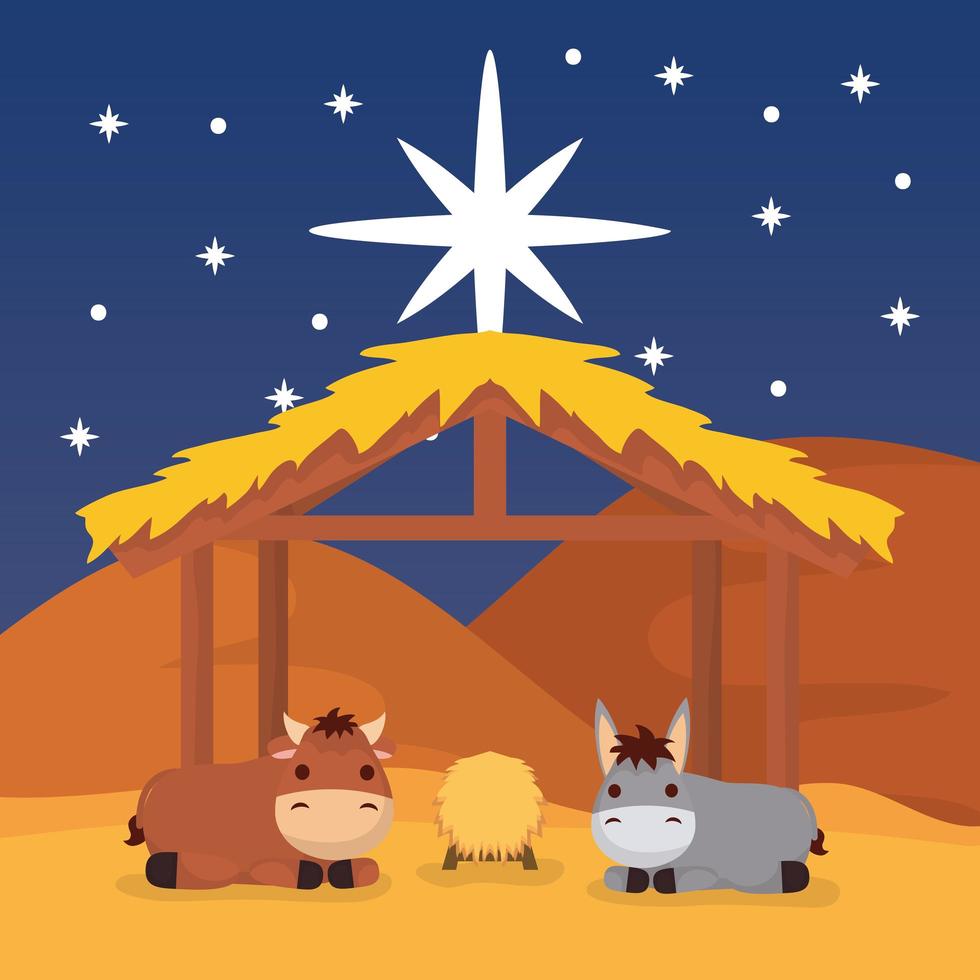 Epiphany of Jesus with animals in a manger vector