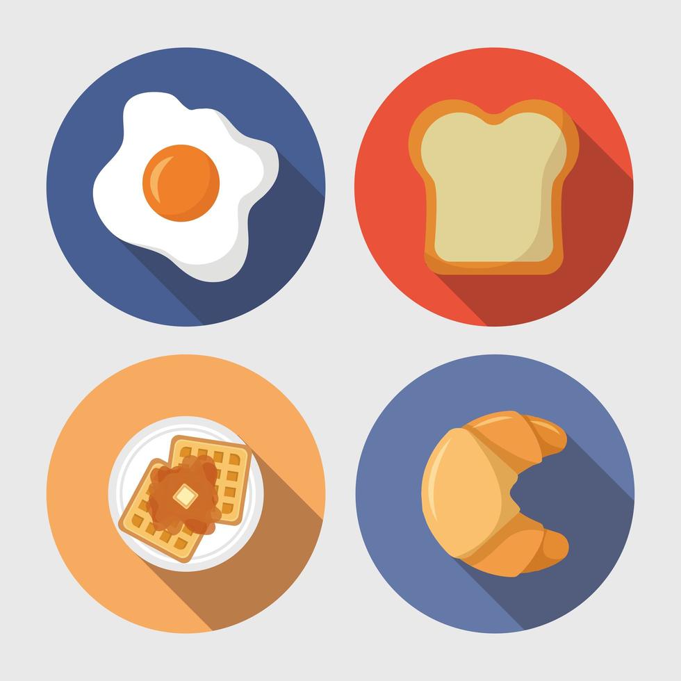 desayuno, larga sombra, icono, conjunto vector