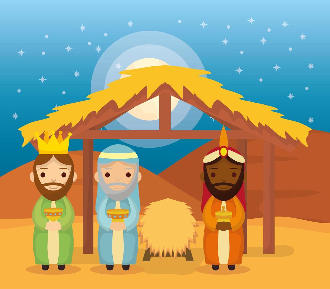 epifanía de jesús con magos trayendo regalos vector