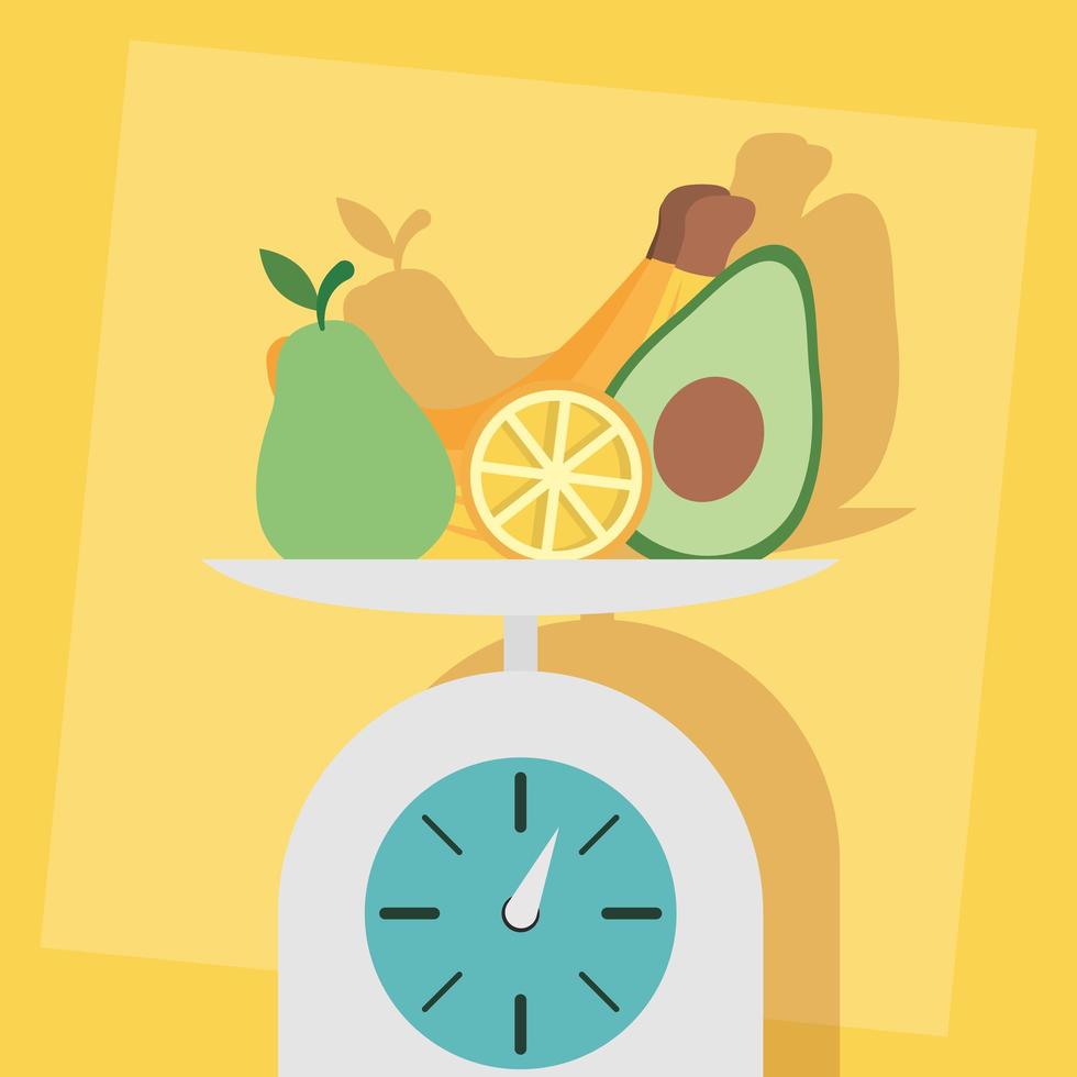 Fresh fruits on a kitchen scale vector