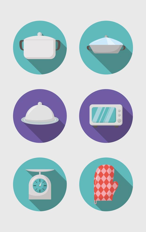 Long shadow kitchen items icon set vector