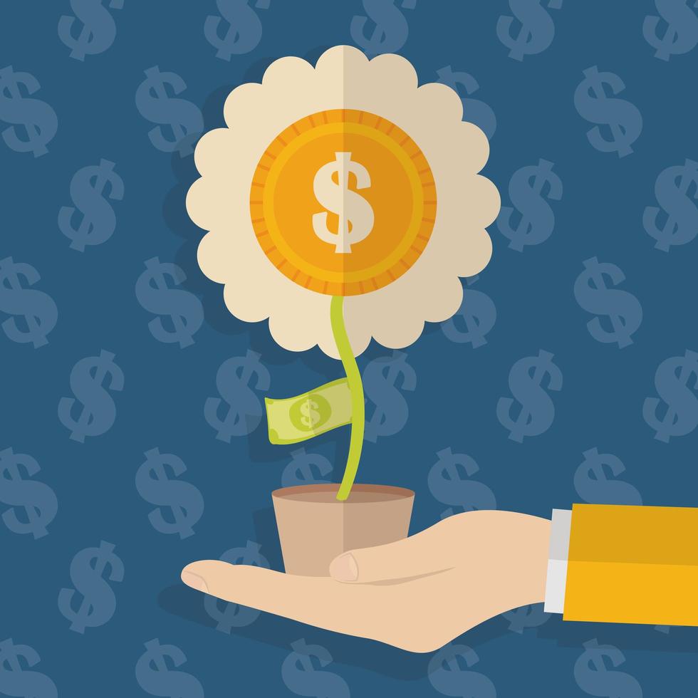 hand with potted flower, money and finance concept flat design vector