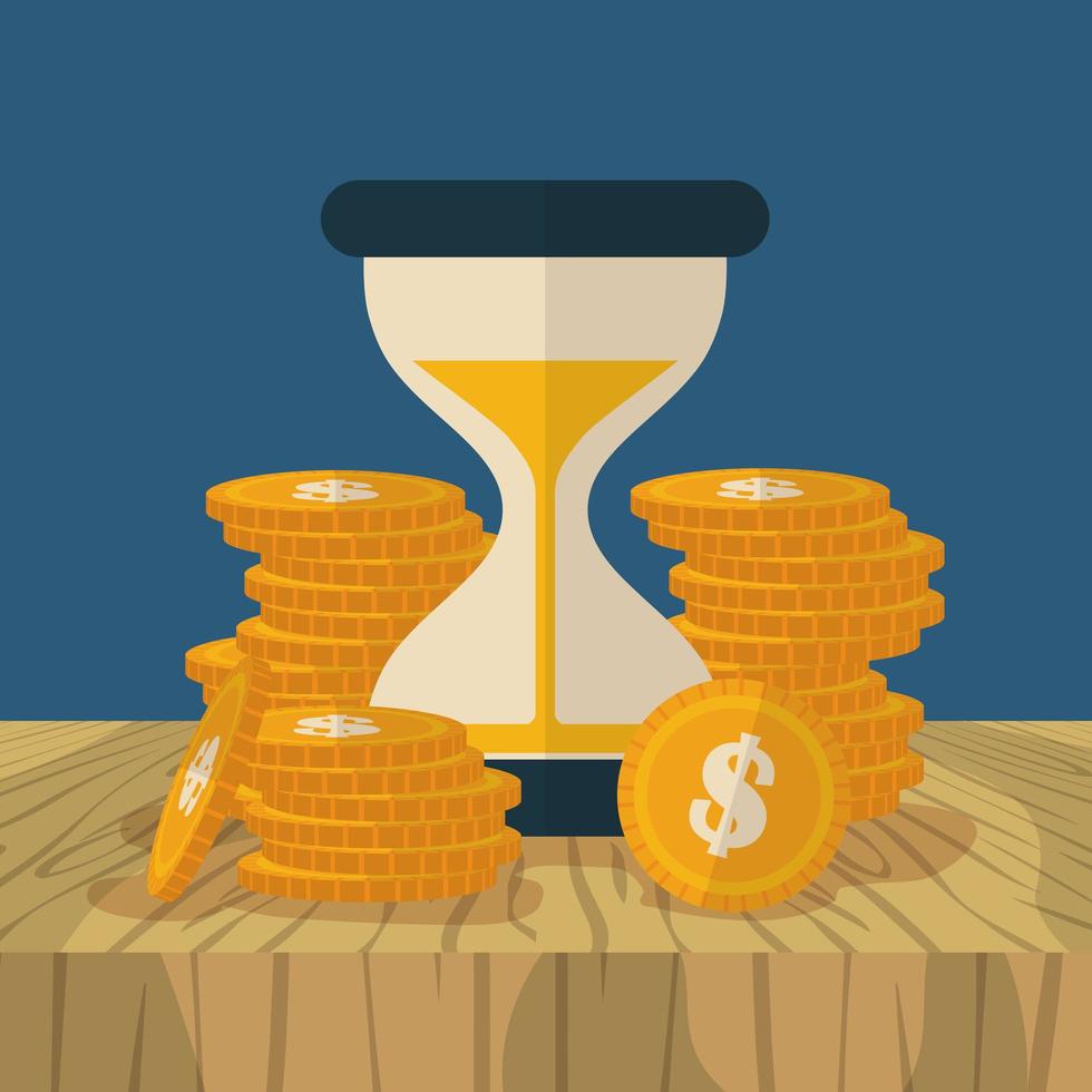 hourglass and coins, finance concept flat design vector