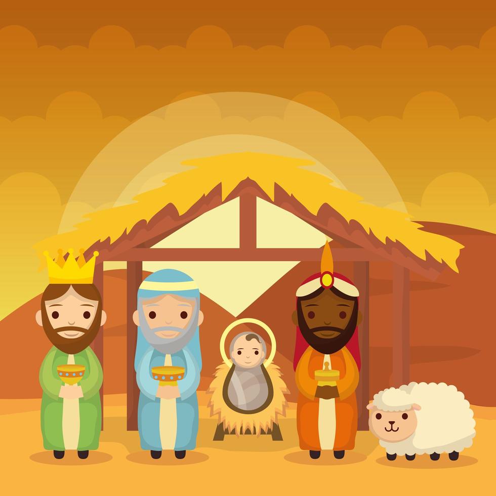 Epiphany of Jesus with magi bringing presents vector