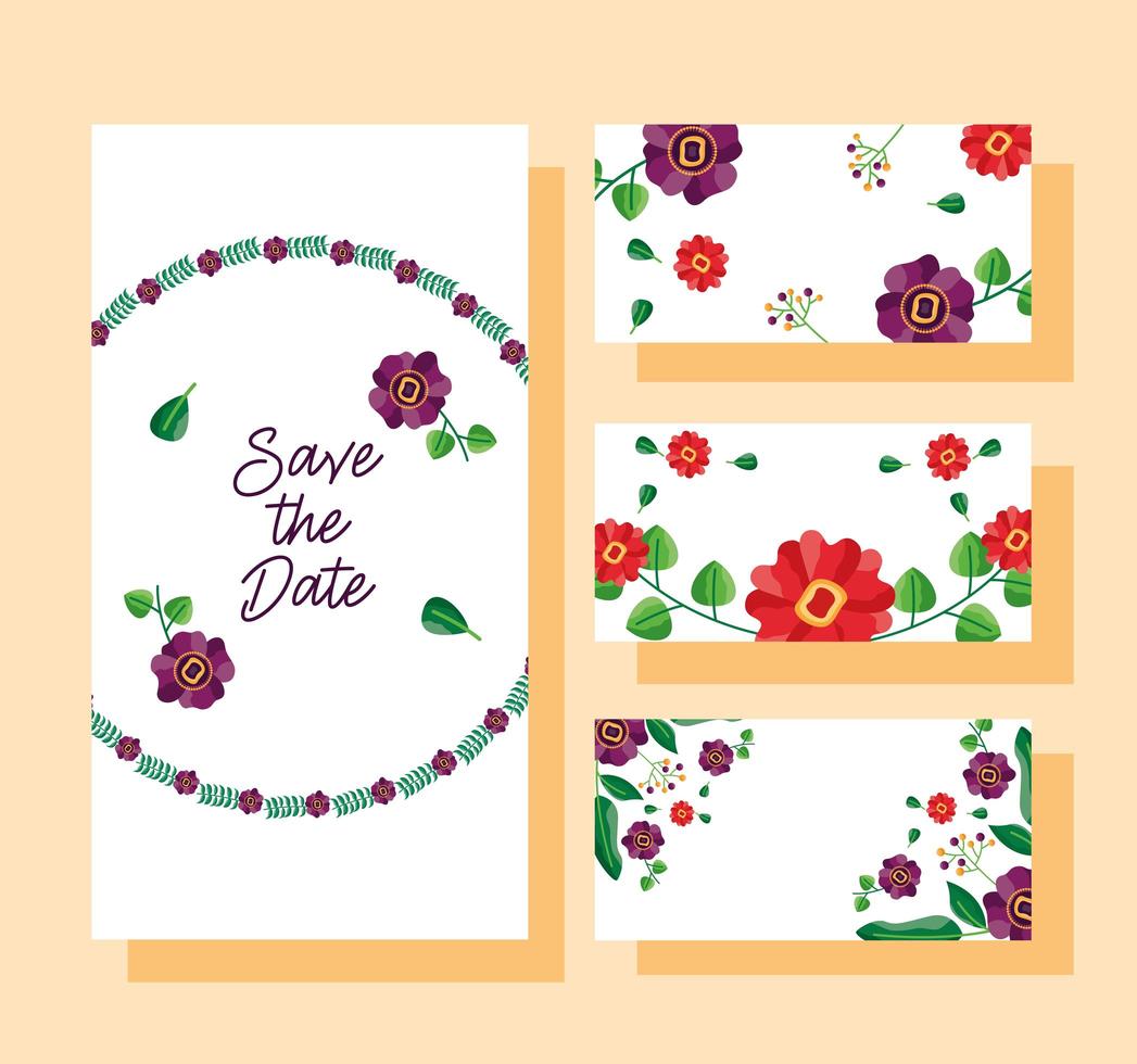 guardar la fecha floral conjunto de tarjetas de boda vector