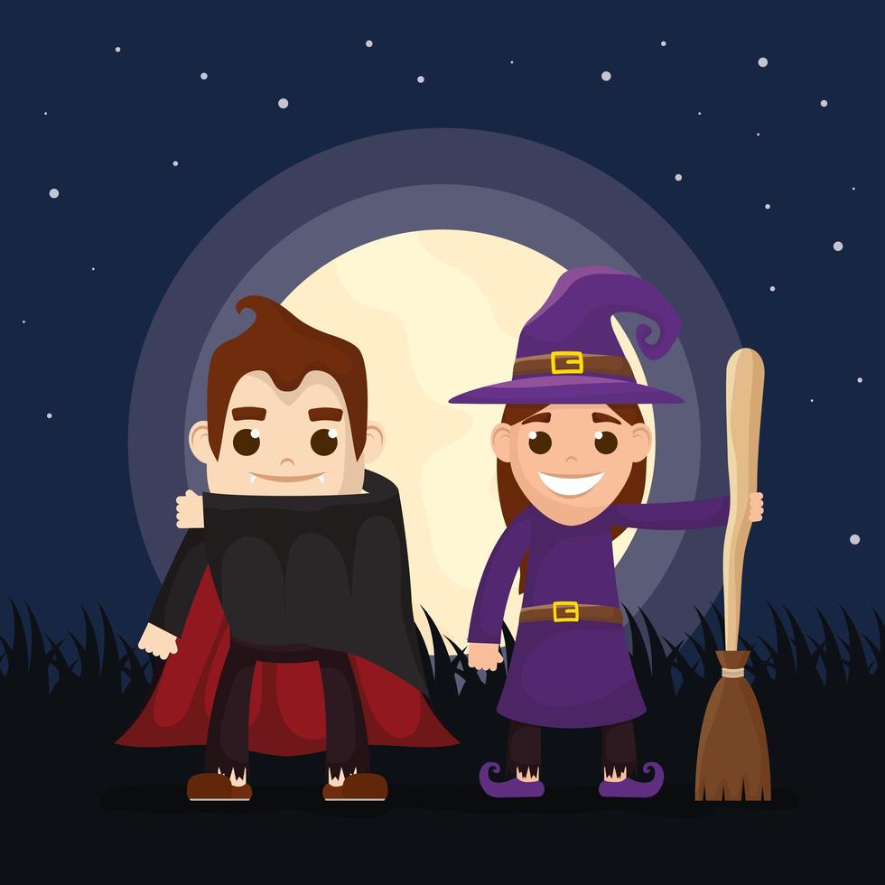 Kids in Halloween costumes at night vector