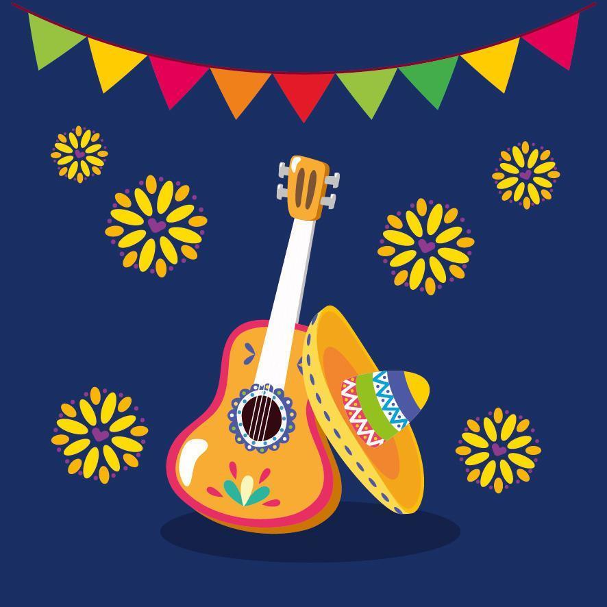 Diseño de vector de guitarra y sombrero mexicano