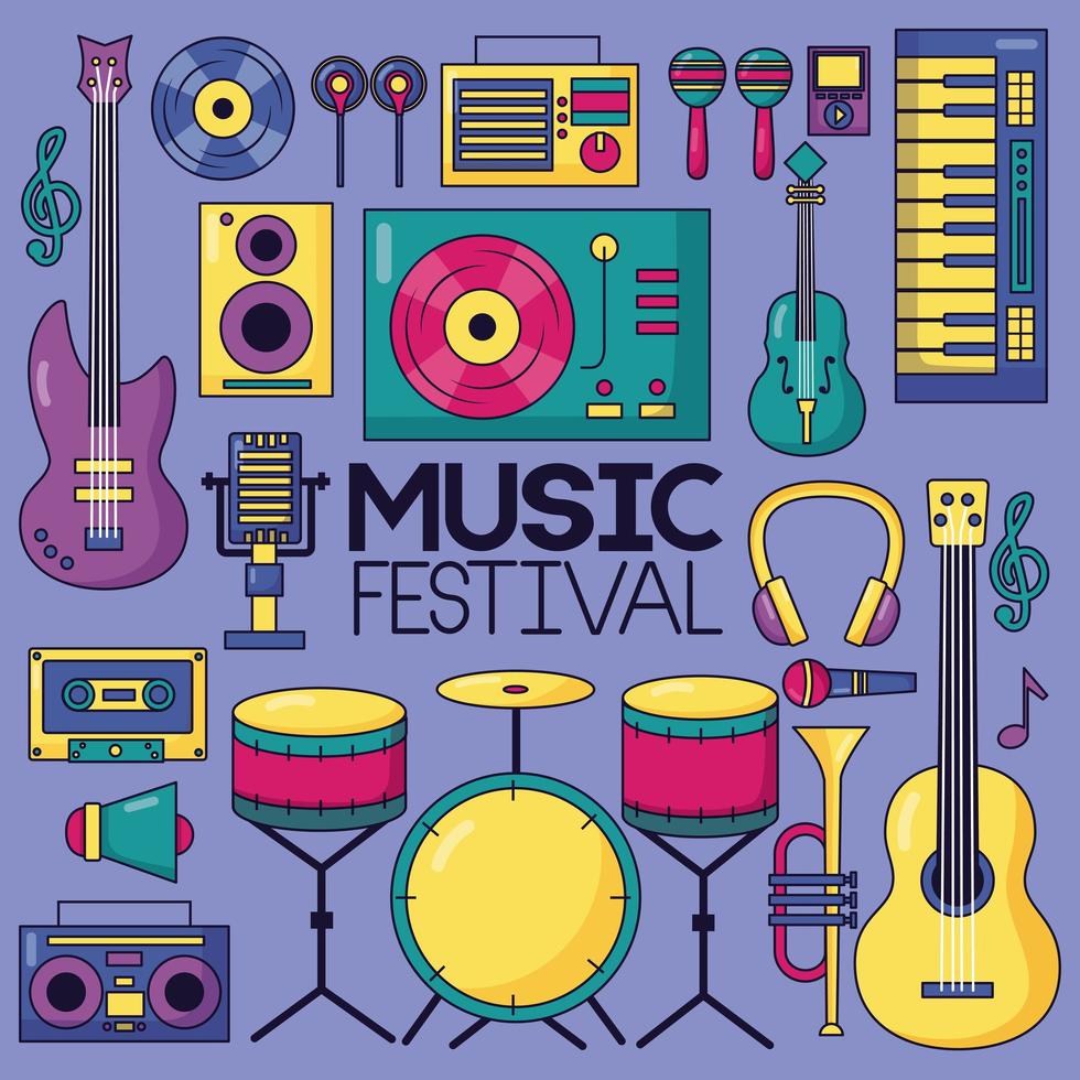 lindo diseño de festival de música con iconos pop vector