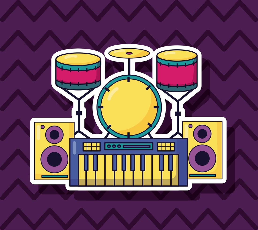 synth, drums, and speakers for music colorful background vector