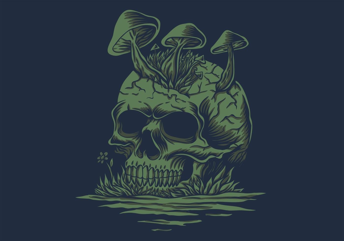 Skull mushrooms in river vector illustration