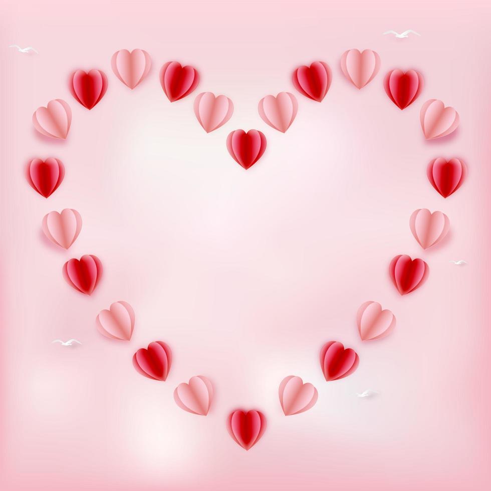 Paper cut style of red and pink heart balloons background vector