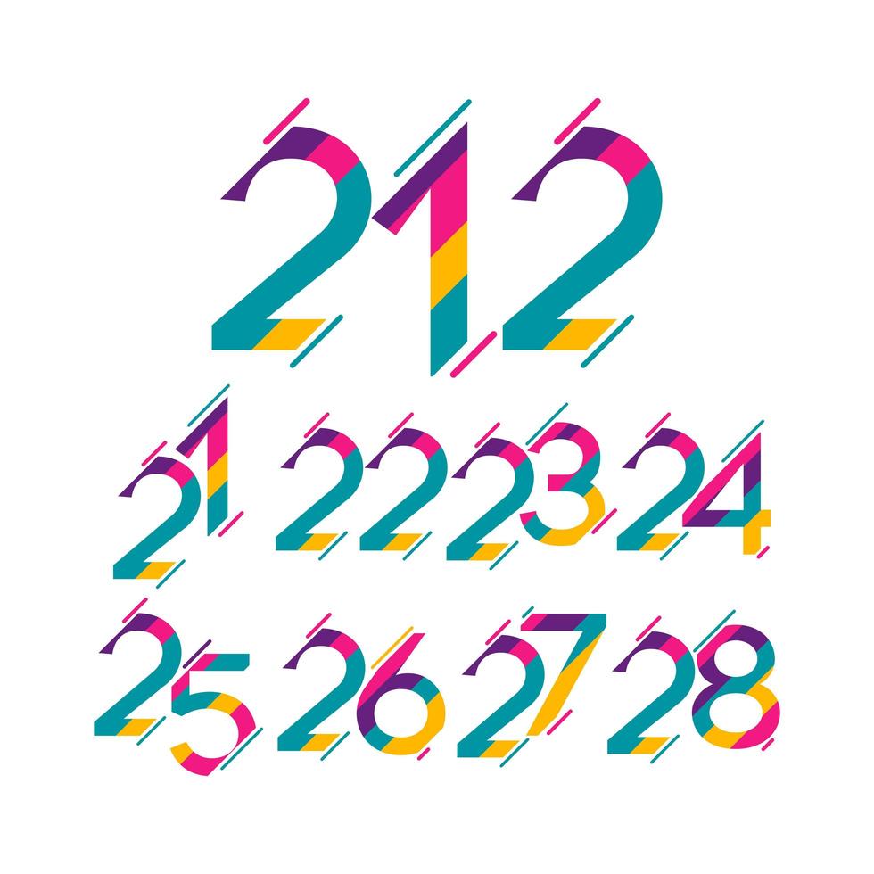 números de año de aniversario, conjunto a todo color vector