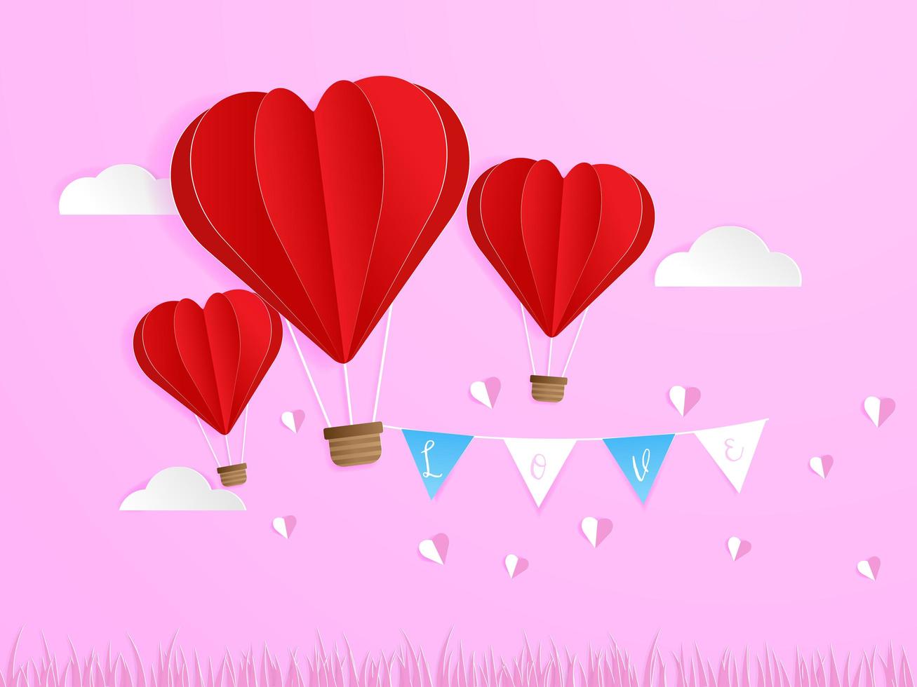 love in the air, red heart shape balloon flying in sky vector