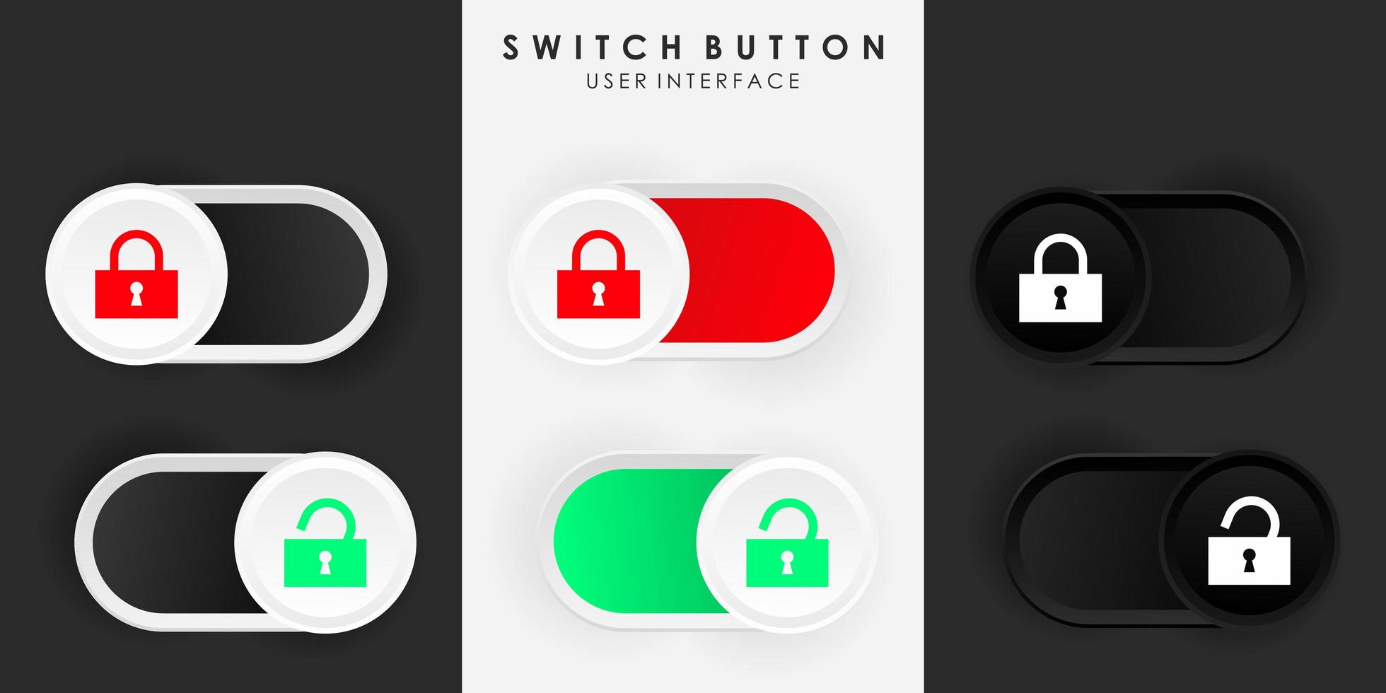 Minimalist Switch Button Lock Unlock in Neumorphism Design. Simple, modern and elegant. Smooth and soft 3D user interface. Light mode and Dark Mode. For website or apps design. Vector Illustration.