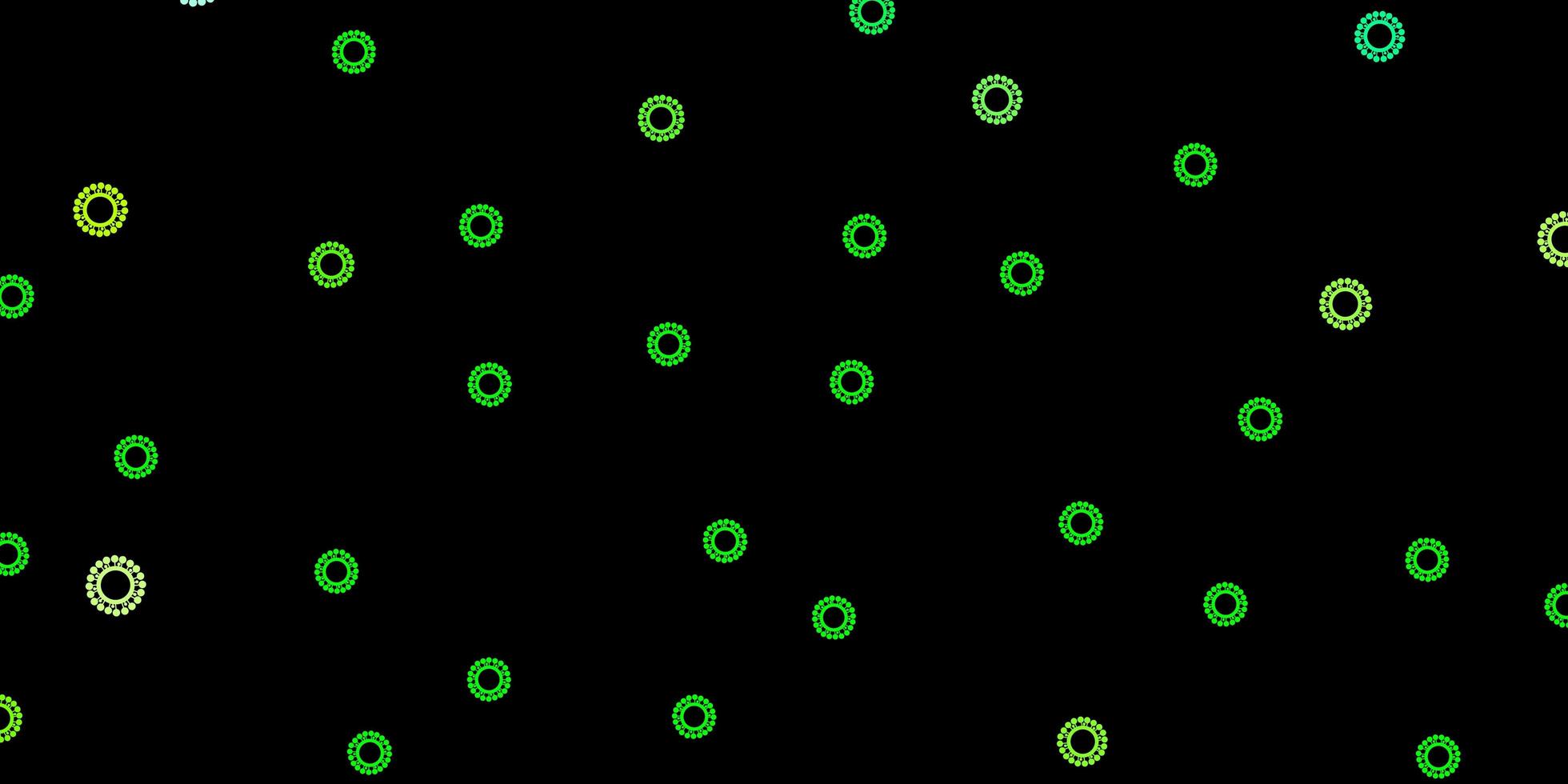 Fondo de vector verde oscuro, amarillo con símbolos covid-19.