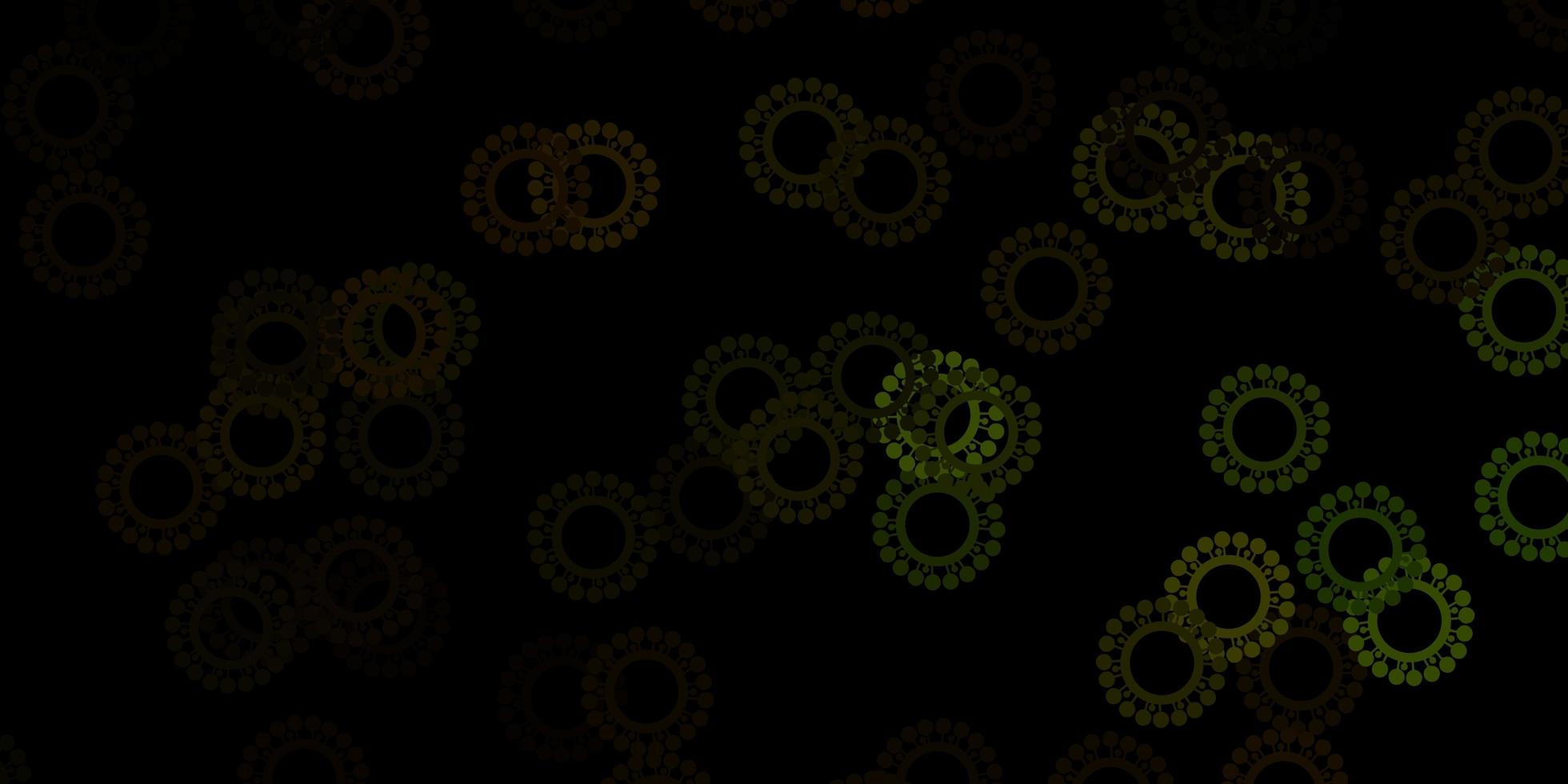 Fondo de vector verde oscuro, amarillo con símbolos covid-19.