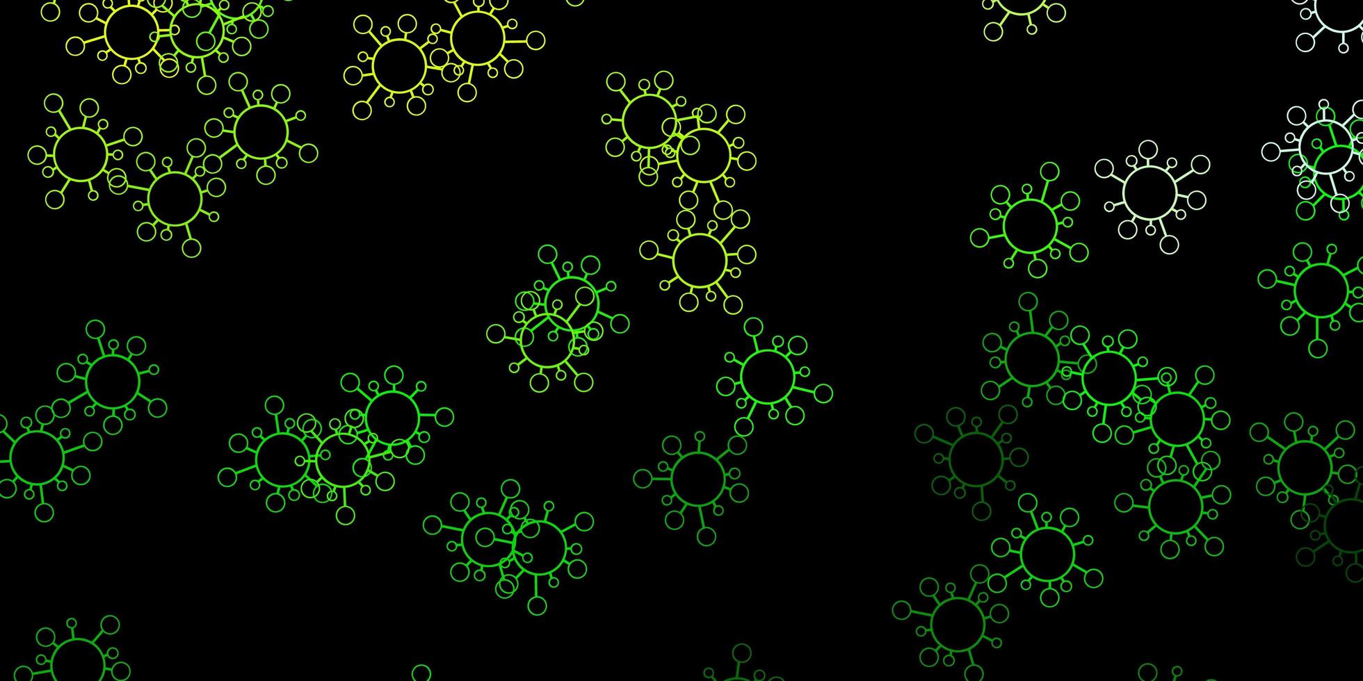 Fondo de vector verde oscuro, amarillo con símbolos covid-19.