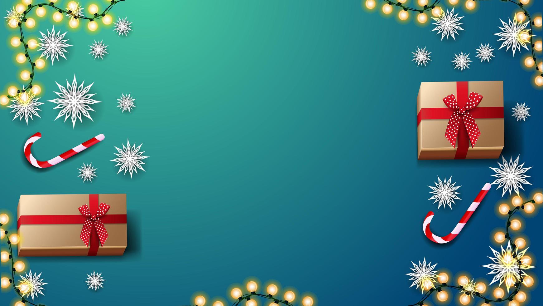 regalos, bastones de caramelo, copos de nieve de papel y guirnaldas en la mesa azul, vista superior. fondo para banner de descuento o postal de felicitación vector